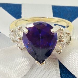 ❤️ Pear shape Amethyst CZ gold silver ring size 5 New excellent condition